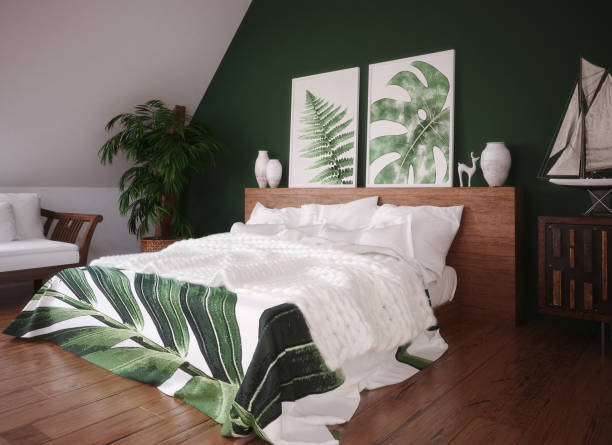 interior de dormitorio vintage verde - house attic desing residential structure fotografías e imágenes de stock