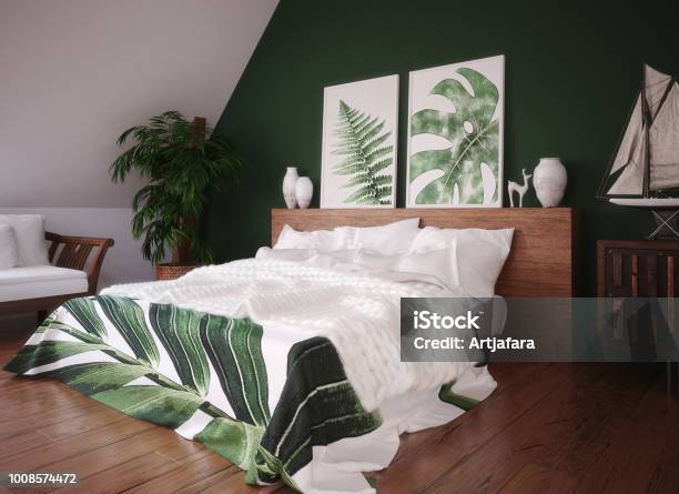 Green Vintage Bedroom Interior Stock Photo - Download Image Now - Bedroom, Painting - Art Product, Flower