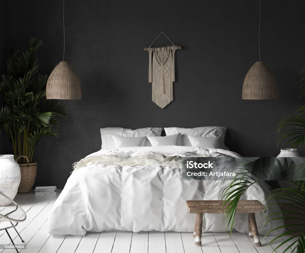 Bedroom interior with black wall,boho style decor and white bed Bedroom interior with black wall,boho style decor and white bed, 3d render Bedroom Stock Photo