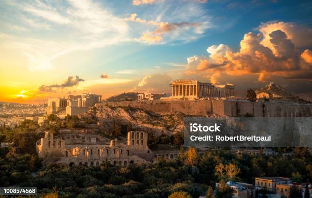 Acropolis Of Athens At Sunset With A Beautiful Dramatic Sky Stock Photo - Download Image Now