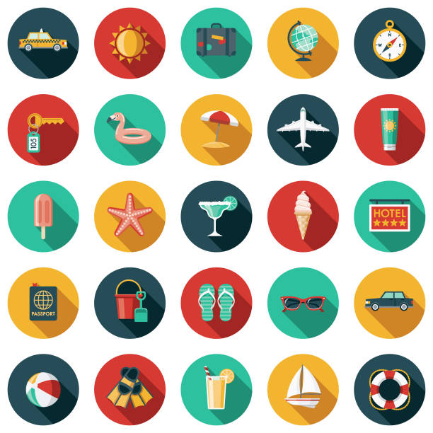 Travel & Vacation Flat Design Icon Set A set of flat design styled travel and vacation icons with a long side shadow. Color swatches are global so it’s easy to edit and change the colors. File is built in the CMYK color space for optimal printing. lifestyle icons stock illustrations
