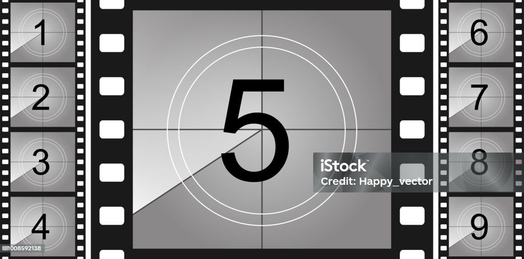 Creative vector illustration of countdown frame. Art design. Old film movie timer count. Vintage retro cinema. Abstract concept graphic element. Universal leader. Number one - 1 Creative vector illustration of countdown frame. Art design. Old film movie timer count. Vintage retro cinema. Abstract concept graphic element. Universal leader. Number one - 1. Camera Film stock vector