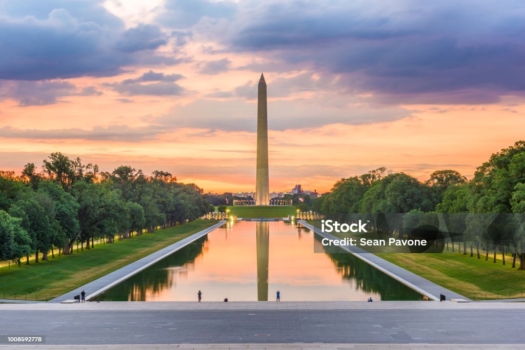 Washington DC, USA Washington Monument on the Reflecting Pool in Washington, D.C. at dawn. Washington DC Stock Photo