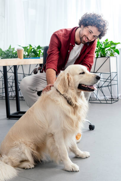 istock smiling young man stroking dog at workplace 1008599690