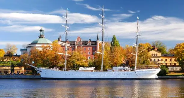 Old white sailship in harbor of Stockholm, Sweden