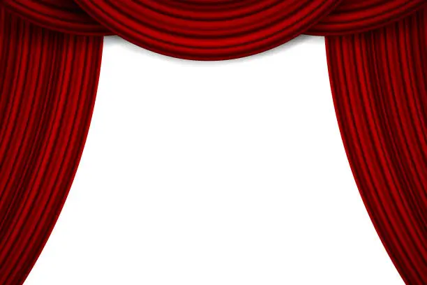 Vector illustration of Creative vector illustration of stage with luxury scarlet red silk velvet drapes and fabric curtains isolated on background. Art design. Concept element for music party, theater, circus, opera, show