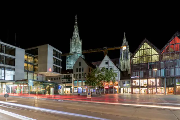 Old and Modern Architecture in Ulm, Ulm Minster in the Background, Baden-Wurttemberg, Germany, HDR imaging