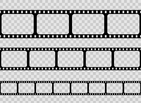 Creative vector illustration of old retro film strip frame set isolated on transparent background. Art design reel cinema filmstrip template. Abstract concept graphic element.