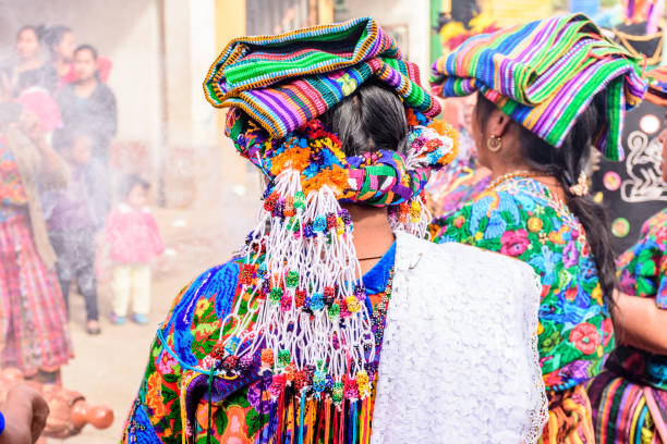 Indigenous women dressed in ceremonial headdresses & costumes, Guatemala stock photo