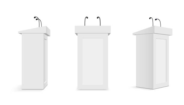 Creative vector illustration of podium tribune with microphones isolated on transparent background. Art design rostrum stands. Abstract concept graphic element for business presentation, conference.