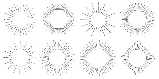 ilustrações de stock, clip art, desenhos animados e ícones de creative vector illustration of geometric hand drawn sun beams isolated on background. art design linear sunlight waves, shining lines ray stars. abstract concept graphic round or circle form element - contemporary style flash