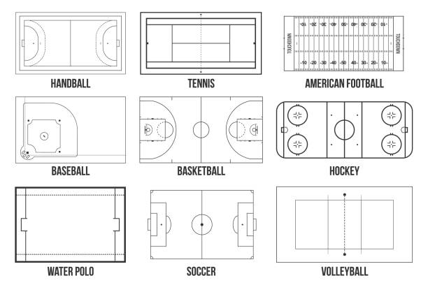 背景に分離されたスポーツ ゲーム フィールド マークのイラストを創造的なベクトル。ハンドボール、テニス、アメリカン フットボール、サッカー、野球、バスケット ボール、ホッケー、� - soccer field soccer corner stadium点のイラスト素材／クリップアート素材／マンガ素材／アイコン素材