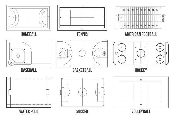 背景下的體育遊戲場標記的創意向量說明。手球、網球、美式足球、足球、棒球、籃球、曲棍球、水球、排球等圖形元素 - american football stadium 幅插畫檔、美工圖案、卡通及圖標
