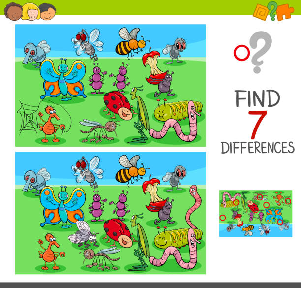 find differences game with insect animals Cartoon Illustration of Finding Seven Differences Between Pictures Educational Game for Children with Insects Animal Characters ladybird book stock illustrations
