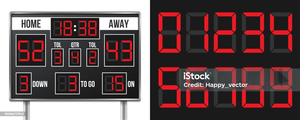 Creative vector illustration of american football scoreboard with infographics isolated on transparent background. Art design sport game score with digital LED dots. Abstract concept graphic element Creative vector illustration of isolated on transparent background. Art design. Abstract concept graphic element. Scoreboard stock vector