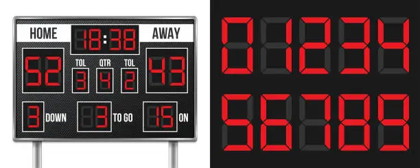 Vector illustration of Creative vector illustration of american football scoreboard with infographics isolated on transparent background. Art design sport game score with digital LED dots. Abstract concept graphic element