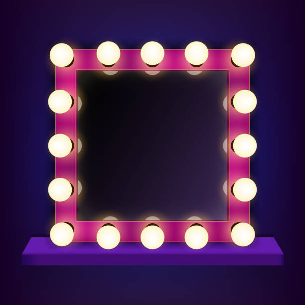 Creative vector illustration of makeup frame with light, volumetric marquee mirror isolated on transparent background. Art design retro electric bulbs, glowing lamps. Abstract concept graphic element Creative vector illustration of makeup frame with light, volumetric marquee mirror isolated on transparent background. Art design retro electric bulbs, glowing lamps. Abstract concept graphic element. theatre mirror stock illustrations