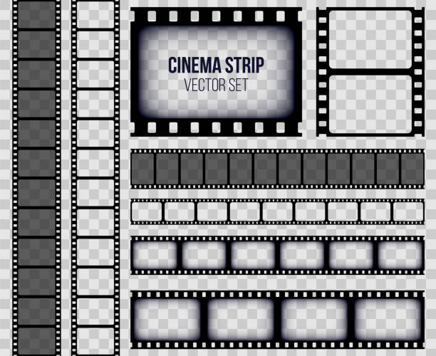 Creative vector illustration of old retro film strip frame set isolated on transparent background. Art design reel cinema filmstrip template. Abstract concept graphic element Creative vector illustration of old retro film strip frame set isolated on transparent background. Art design reel cinema filmstrip template. Abstract concept graphic element. audio storage media stock illustrations