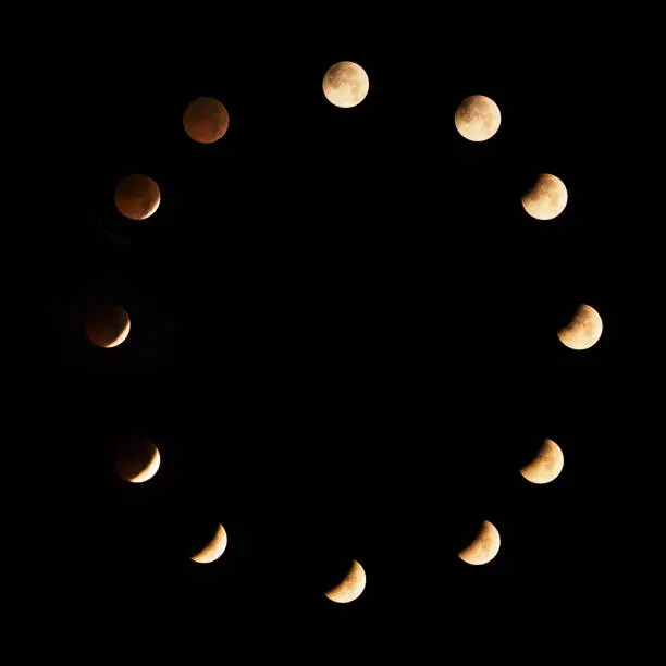 Total supermoon lunar eclipse, also known as a blood moon, arranged in clock mode.