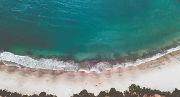 Aerial shot of the gradient colored sea, waves, sand and trees in Pernambuco's Beach