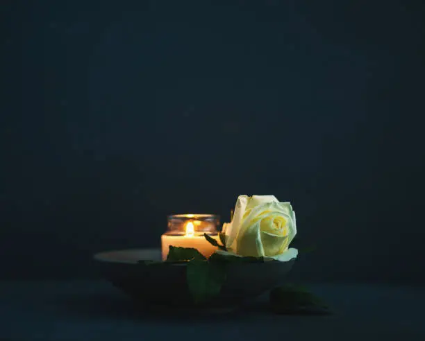 Photo of Burning candle with white rose in remembrance