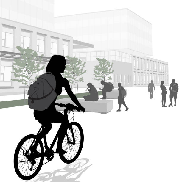 ilustraciones, imágenes clip art, dibujos animados e iconos de stock de bicicleta a clases en la universidad - silhouette student teenager university