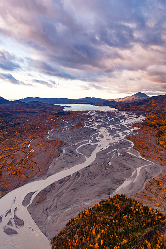 Aerial view of autumn color along glacier fed streams on the Kenai peninsular in Alaska