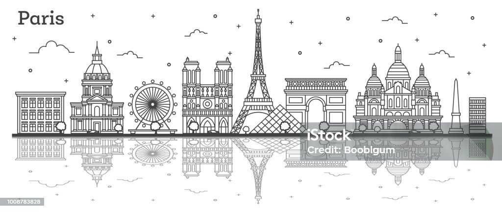 Outline Paris France City Skyline with Historic Buildings and Reflections Isolated on White. Outline Paris France City Skyline with Historic Buildings and Reflections Isolated on White. Vector Illustration. Paris Cityscape with Landmarks. Paris - France stock vector