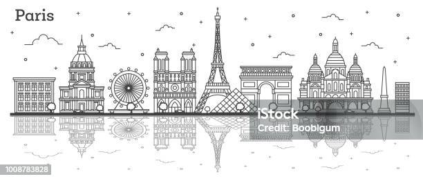 Outline Paris France City Skyline With Historic Buildings And Reflections Isolated On White Stock Illustration - Download Image Now