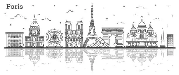 Vector illustration of Outline Paris France City Skyline with Historic Buildings and Reflections Isolated on White.