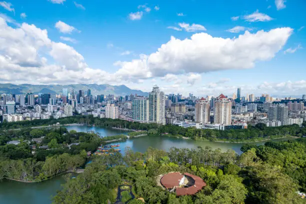Aerial photography of Fuzhou West Lake Park cityscape