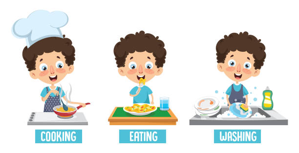 wektor ilustracja kid gotowania, jedzenia i mycia naczyń - spoon vegetable fork plate stock illustrations