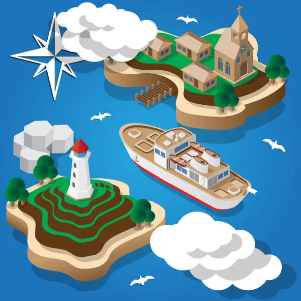 Vector illustration of The ship comes to fishing.