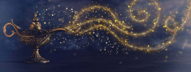 istock Image of magical mysterious aladdin lamp with glitter sparkle smoke over black background. Lamp of wishes. 1008810310