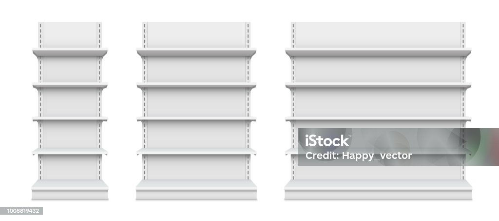 Creative vector illustration of empty store shelves isolated on background. Retail shelf art design. Abstract concept graphic showcase display element. Supermarket product advertising blank mockup - Royalty-free Prateleira - Mobília arte vetorial