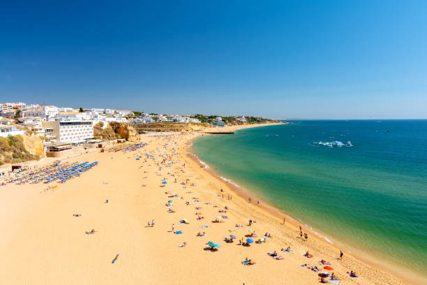 view on sandy beach in Albufeira in Algarve, Portugal beautiful coastline in Algarve in southern Portugal albufeira photos stock pictures, royalty-free photos & images