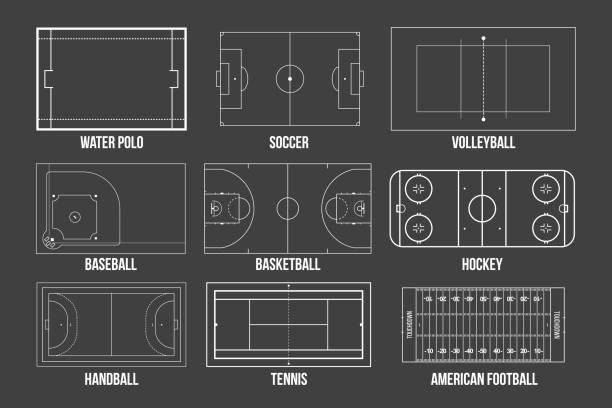 kreatywna ilustracja wektorowa pól gier sportowych oznaczających odizolowane na tle. element graficzny do piłki ręcznej, tenisa, futbolu amerykańskiego, piłki nożnej, baseballu, koszykówki, hokeja, piłki wodnej, siatkówki - soccer stock illustrations