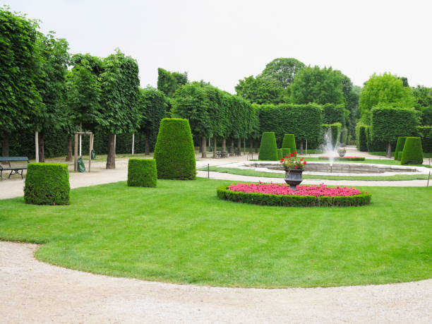 istock Abstract ideal flower beds and shorn trees in well-kept park 1008825588