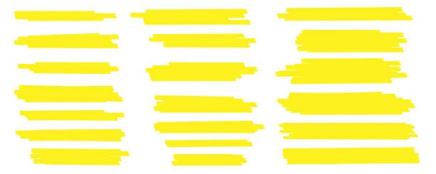 творческая векторная иллюстрация пятен ударов, нарисованных вручную желтых маркерных линий, кистей полос, изолированных на прозрачном фон - highlighter felt tip pen yellow pen stock illustrations