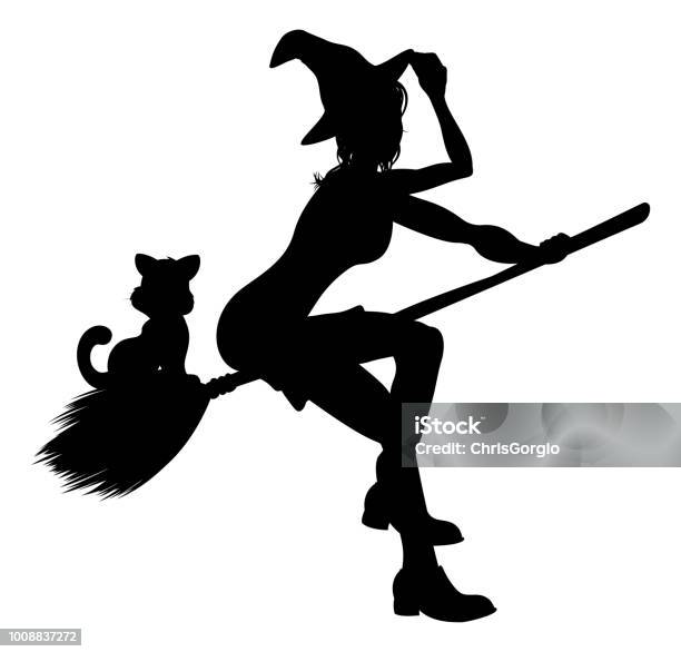Silhouette Witch And Cat Flying On Broomstick Stock Illustration - Download Image Now - In Silhouette, Broom, Domestic Cat