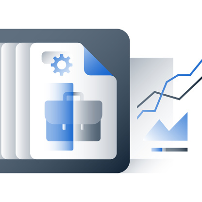 Investment portfolio performance report, business training course, company management, business summary, value assessment, vector icon, flat illustration