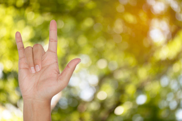 istock Love hand sign with abstract nature bokeh blur background. 1008857670