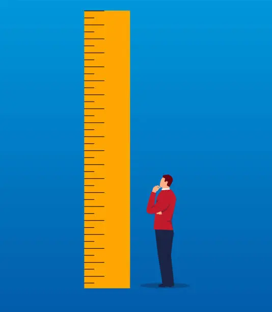 Vector illustration of Businessman thinking and looking at huge ruler