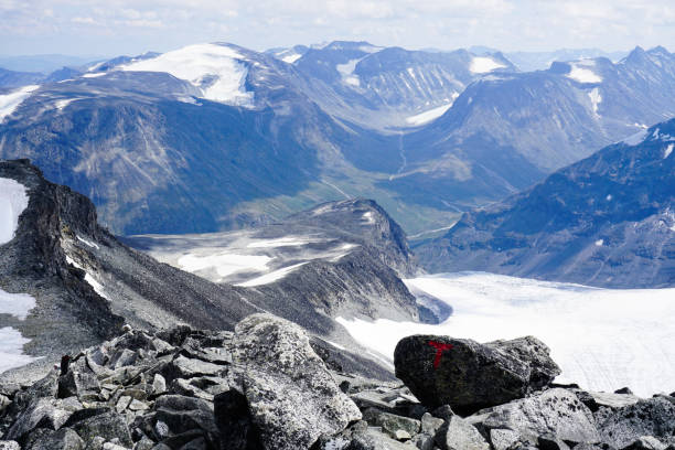 View from Galdhøpiggen, highest mountain in Scandinavia. Jotunheimen national park in Norway. stock photo