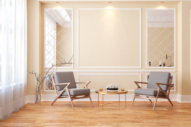 istock Classic beige modern interior empty room with lounge armchairs, table and mirrors. 3d render illustration mock up. 1008870374