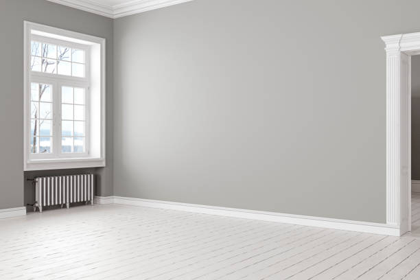istock Empty gray classic scandinavian loft interior with window and battery. 3d render illustration mock up. 1008870402