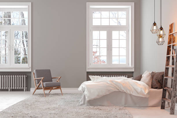 scandinavin loft grigio camera da letto vuota interno con poltrona, letto e lampada. modello di illustrazione di rendering 3d. - side window foto e immagini stock