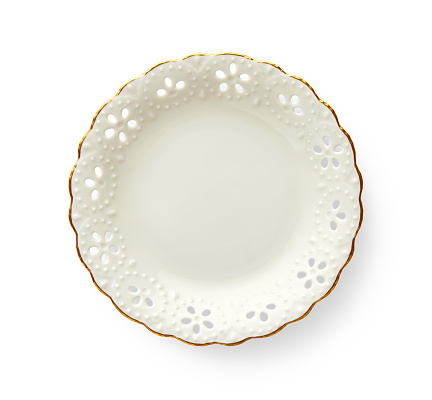 Empty plate with golden pattern edge, White round plate features a beautiful gold rim with floral pattern, View from above isolated on white background with clipping path