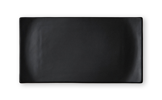 Empty rectangular plate, Black ceramics plate, View from above isolated on white background with clipping path