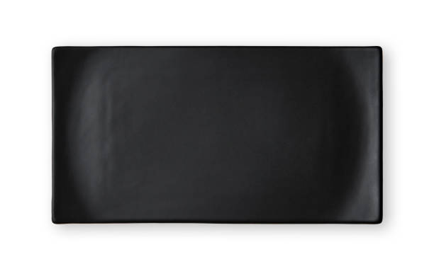 prato retangular vazio, placa de cerâmica preta, perspectiva de cima isolado no fundo branco com traçado de recorte - black dishware sushi isolated - fotografias e filmes do acervo